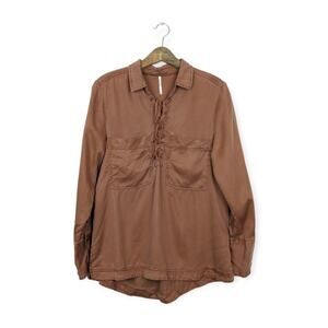 Free People Rustic Brown Under Your Spell Lace Up Pocket Bohemian Top Size N